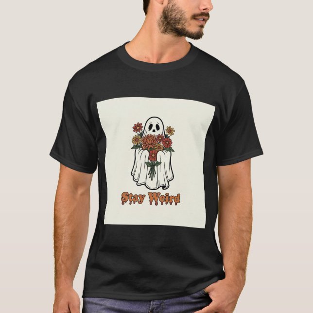 T-shirt Groovy Retro Ghost with Flowers "Stay Weird" Spook (Devant)