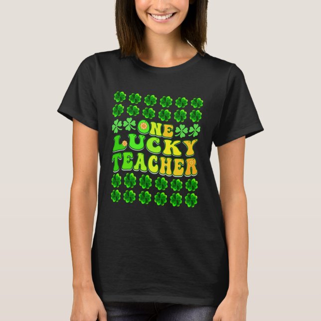 T-shirt Groovy Retro One Lucky Teacher Irish shamrock St P (Devant)