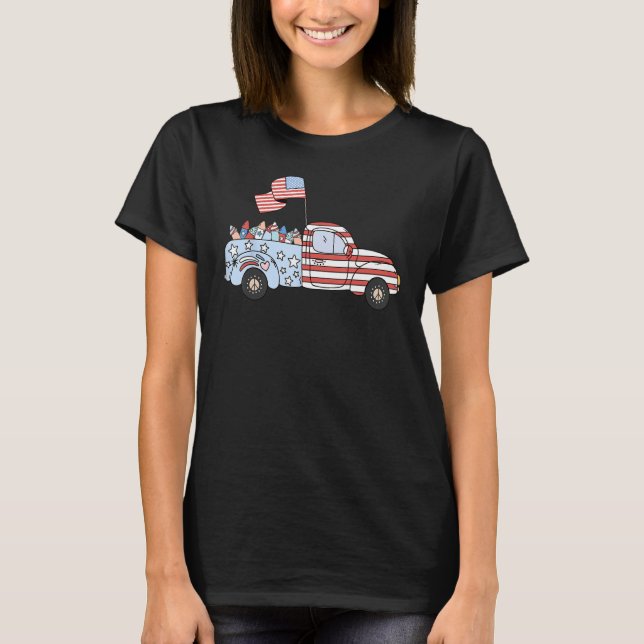 T-shirt Groovy Retro Truck 4th Of July Fireworks Patriotic (Devant)