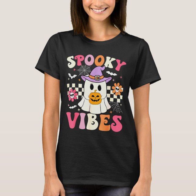 T-shirt Groovy Soky Vibes Retro Ghost Holding Pumpkin Hall (Devant)