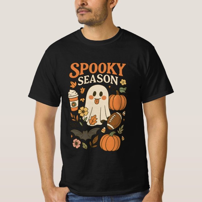 T-shirt Groovy Spooky Season Happy Ghost Pumpkin Spice Lat (Devant)