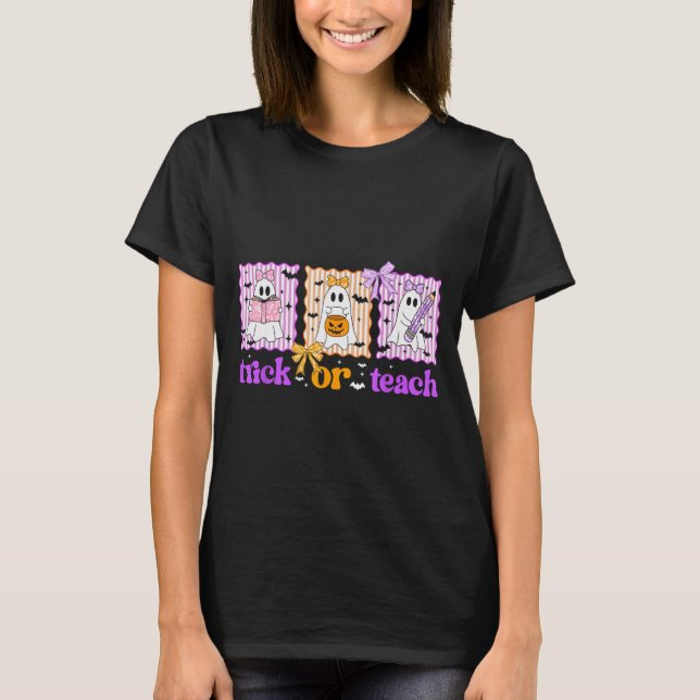 T-shirt Groovy Teacher Halloween Trick Or Teach Ghost Men  (Devant)