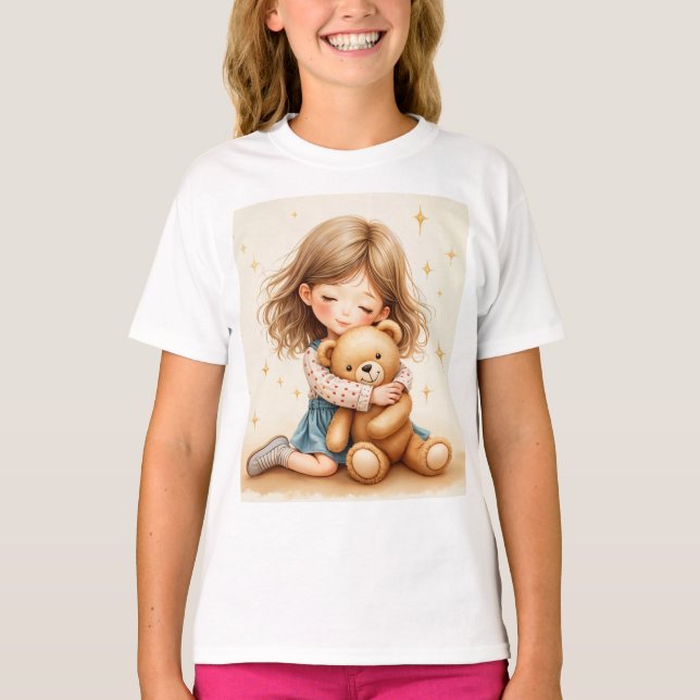 T-shirt Gros câlins - Jolie fille serrant l'ours en peluch (Devant)