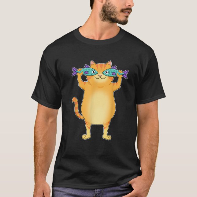 T-shirt Gros Chat Capture Poisson Yeux Poisson Animaux de  (Devant)