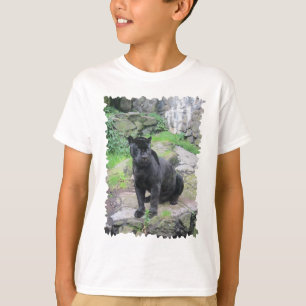 T-shirt Gros chat Jaguar noir assis sur le rocher