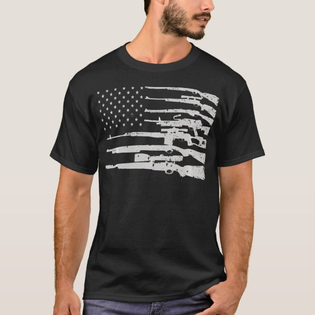 T-shirt Gros Drapeau Américain Avec Mitrailleuses 2A Drape (Devant)