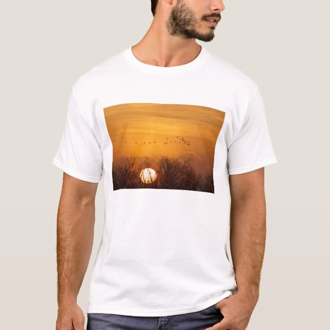 T-shirt Grues de Sandhill silhouettées contre le soleil le (Devant)