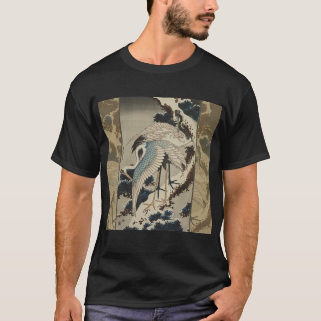 T-shirt Grues sur un pin couvert de neige Hokusai (Devant)