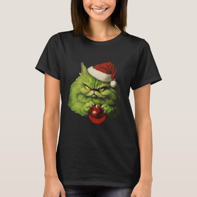 T-shirt Grumeux Vert Père Noël Chat Retro Chat Noël (Devant)