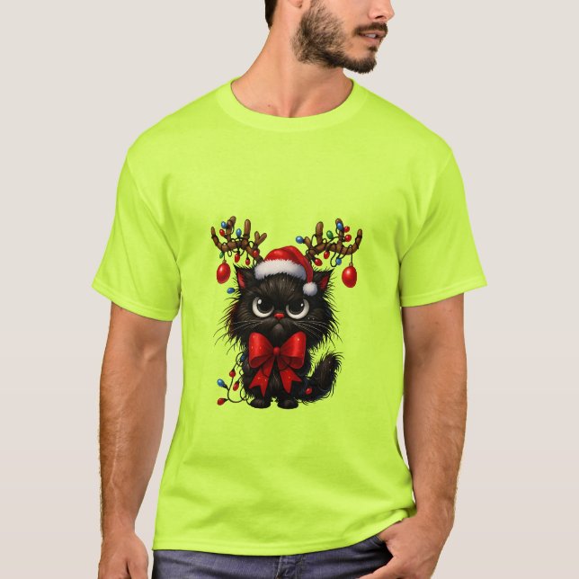 T-shirt Grumpy Christmas Cat with Santa Hat and Antlers (Devant)