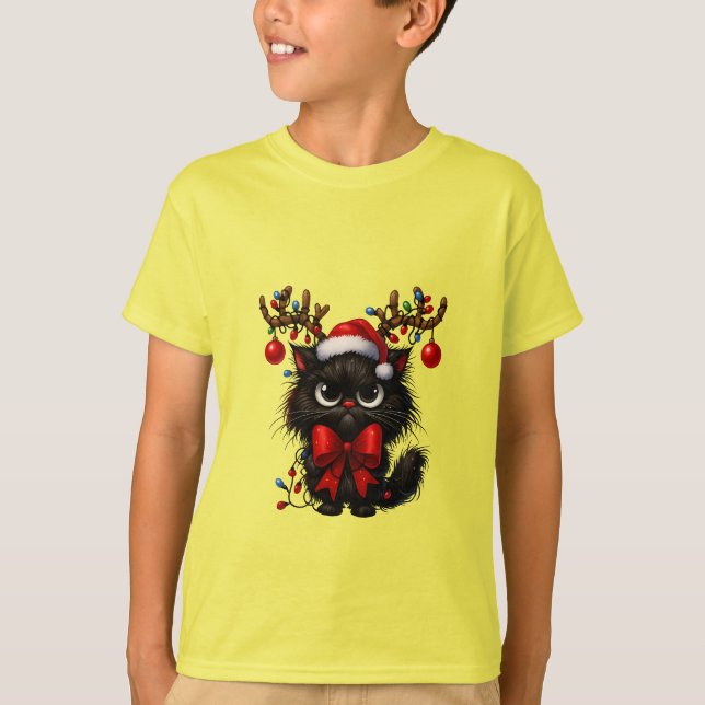 T-shirt Grumpy Christmas Cat with Santa Hat and Antlers (Devant)