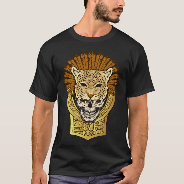 T-shirt Guerrier aztèque Jaguar Crâne mort Tête native (Devant)