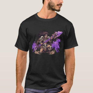 T-shirt Guerrier Chaman Pixel Art avec Loups d'Esprit Fant