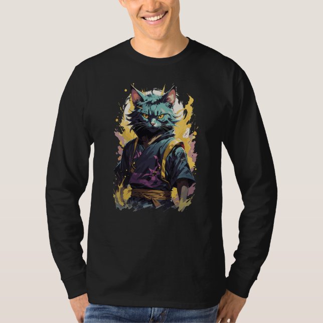 T-shirt Guerrier Chat Ninja Éclaboussure de Feu Cool Gris (Devant)