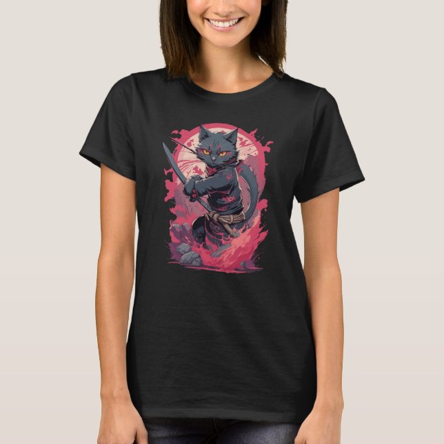 T-shirt Guerrier Chat Ninja Noir Splash Feu Mignon (Devant)
