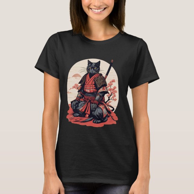 T-Shirt Guerrier Chat Samouraï Rétro Japonais (Devant)