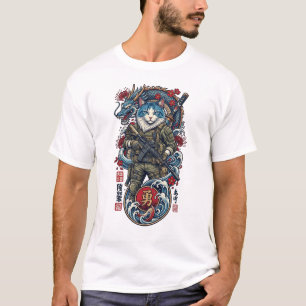 T-shirt Guerrier Chat Samouraï Tactique avec Dragon et Kat