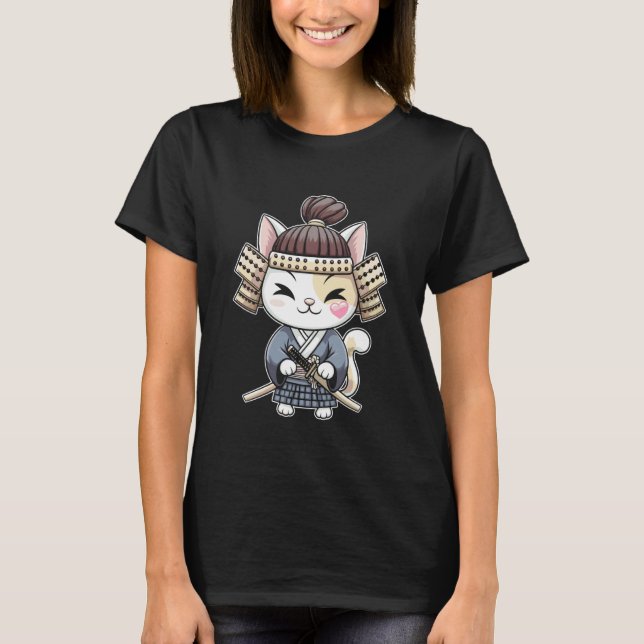 T-shirt Guerrier de chat samouraï avec design de katana (Devant)