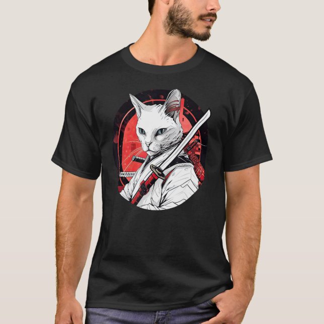 T-shirt Guerrier de compagnie drôle de chat blanc samouraï (Devant)