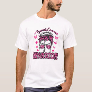 T-shirt Guerrier du cancer du sein Leopard Messy Bun