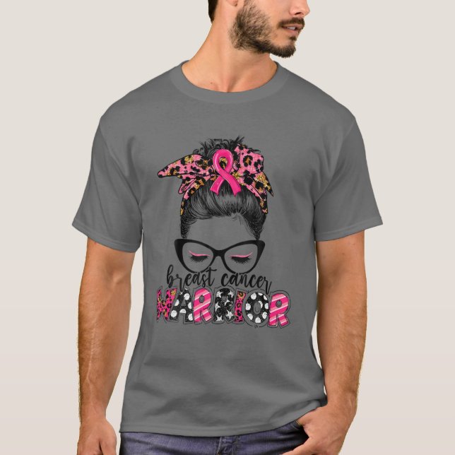 T-shirt Guerrier du cancer du sein Leopard Messy Bun Bun C (Devant)