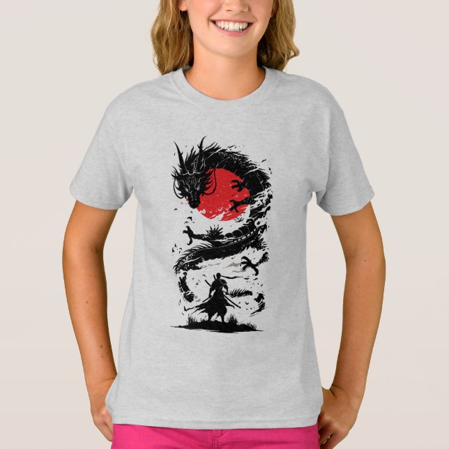 T-shirt Guerrier samouraï et combat de dragon (Devant)