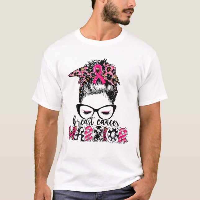 T-shirt Guerrière du cancer du sein rose Messy Bun Leopard (Devant)