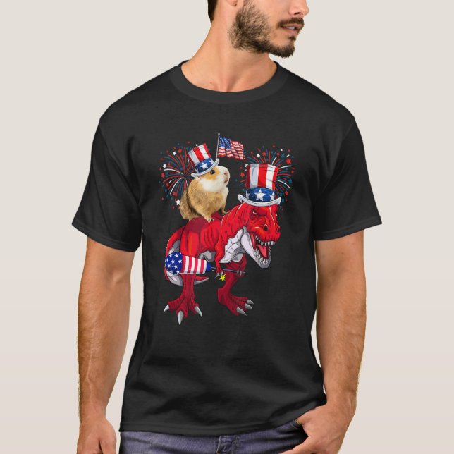 T-shirt Guinea Pig Ridding T-Rex 4th Of July Fireworks Lov (Devant)