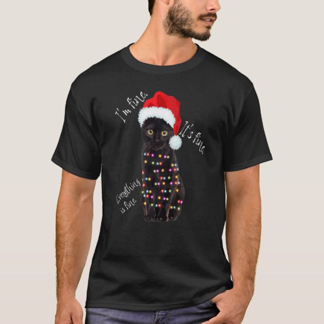 T-shirt Guirlande de Noël Chat Noir  Ça va, ça va (Devant)