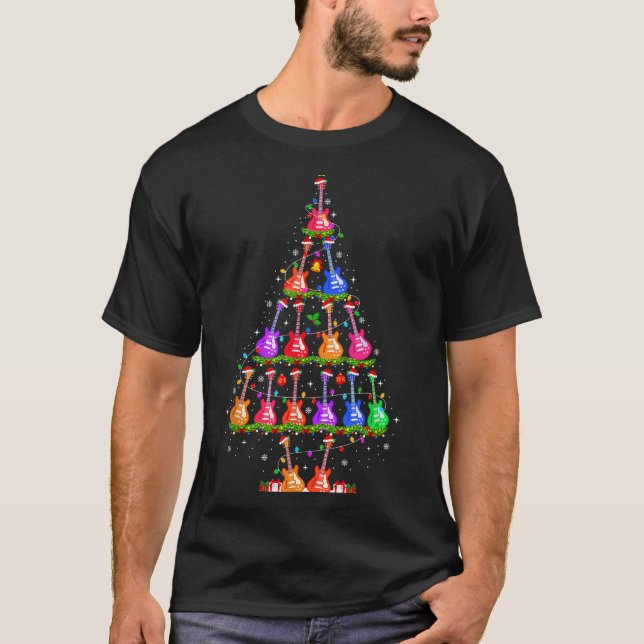 T-shirt Guitar Christmas Tree Lights Funny Xmas Pajamas Gu (Devant)