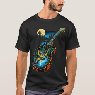 T-shirt Guitar Lake Reflections Forest Pine Tree Moon Camp