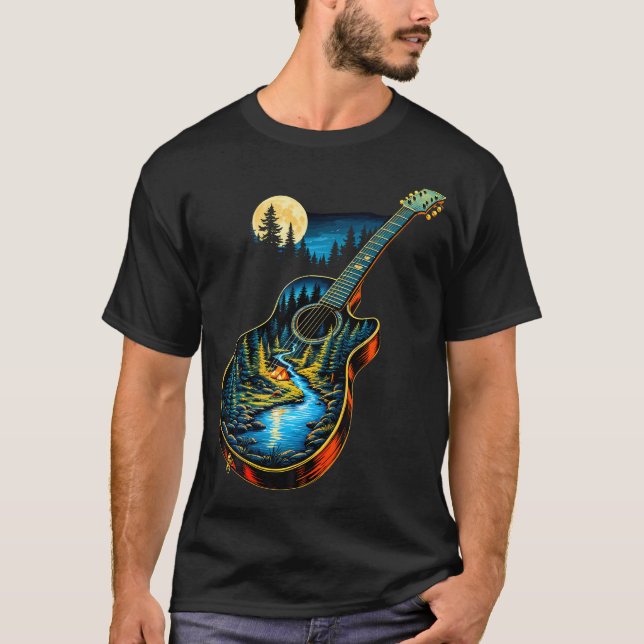 T-shirt Guitar Lake Reflections Forest Pine Tree Moon Camp (Devant)