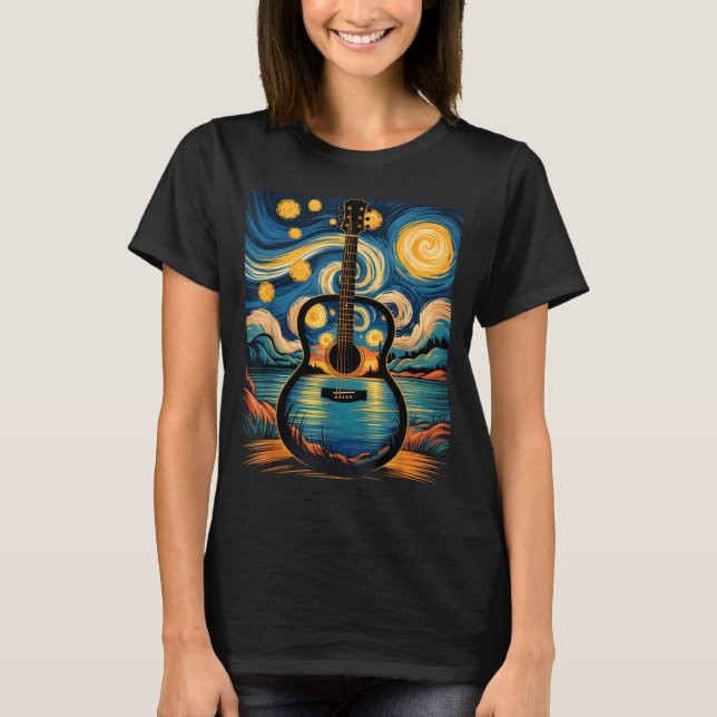 T-shirt Guitar Lake Starry Night Music Guitarist Van Gogh  (Devant)