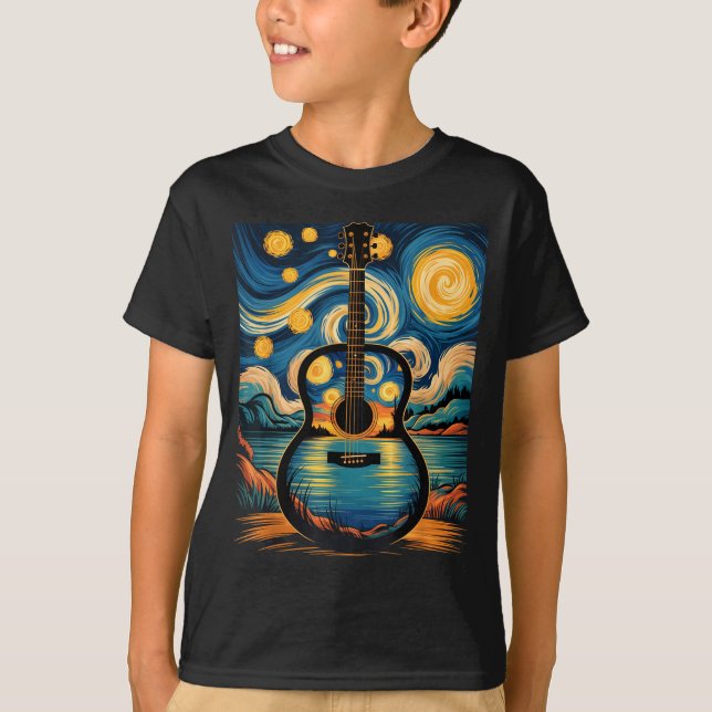 T-shirt Guitar Lake Starry Night Music Guitarist Van Gogh  (Devant)