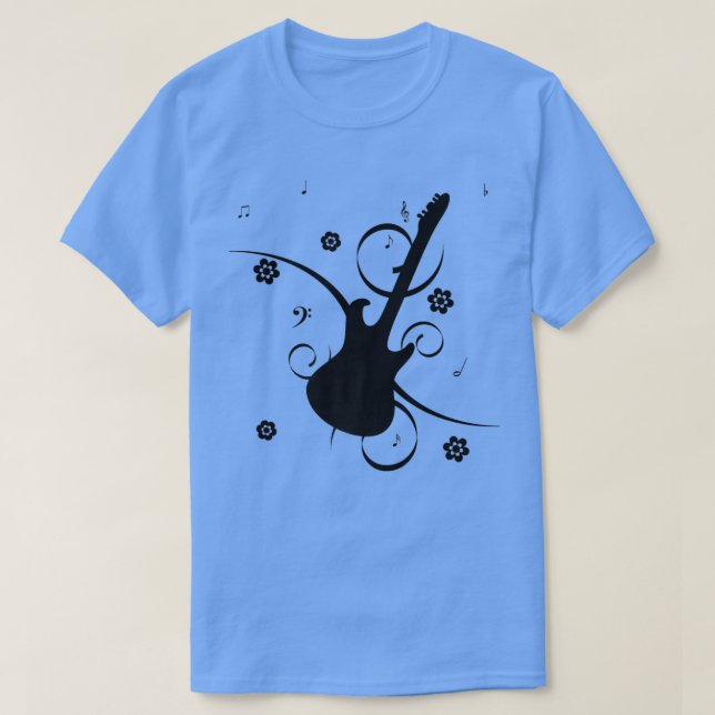 T-SHIRT GUITAR NOTES MUSICALES FLEURS DE SILHOUETTE CLE TR (Design devant)