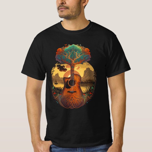 T-shirt Guitare Acoustique Au Bord Du Lac Soleil Guitarist (Devant)
