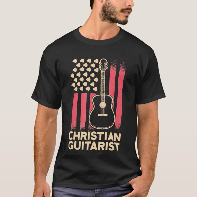 T-shirt Guitare - Christian Guitarist USA Flag Church Wors (Devant)
