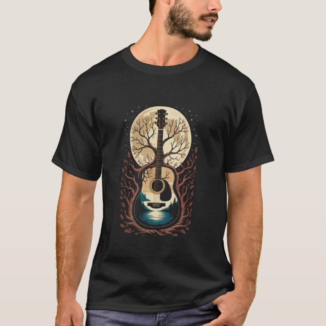 T-shirt Guitare devant la lune avec branche d'arbre et lac (Devant)