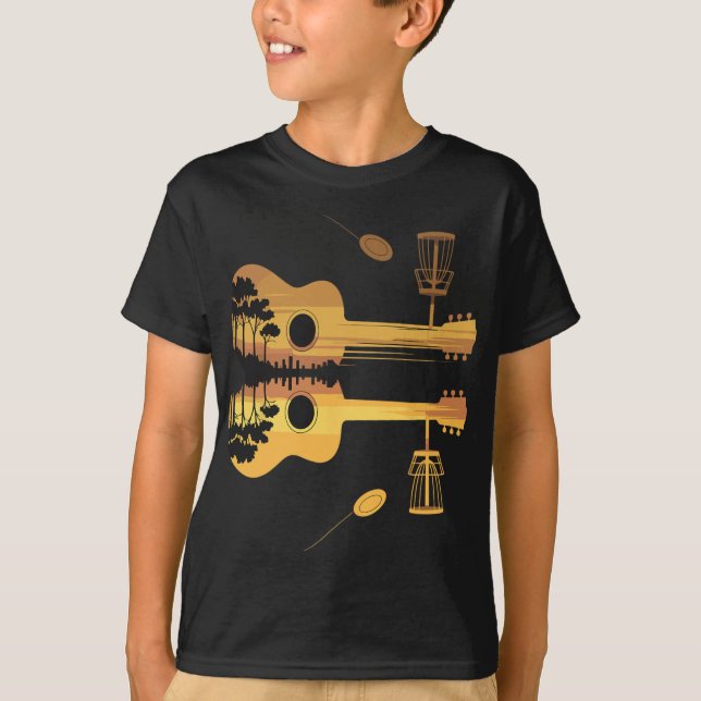 T-shirt Guitare Disc Golf Coucher de soleil Nature Reflet  (Devant)
