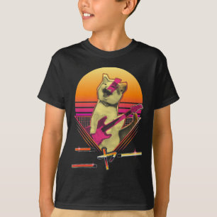 T-shirt Guitare électrique japonaise Vaporwave jouant Cat