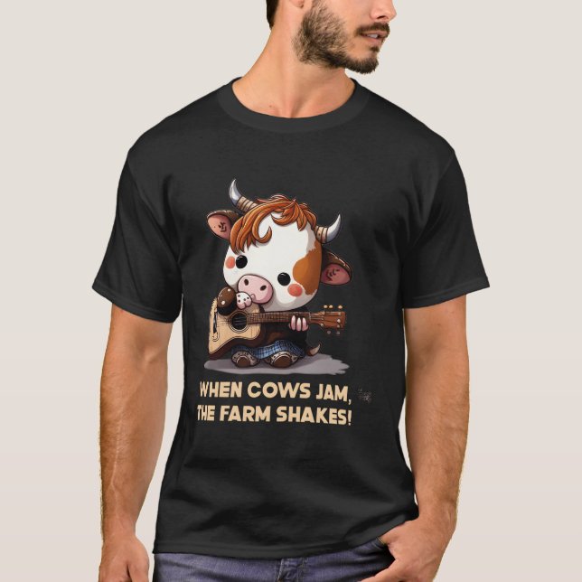 T-shirt Guitare Jouer Vache Kawaii Musique Guitariste (Devant)