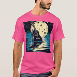 T-shirt Guitare Nature Lune Style Rétro Guitariste Acousti