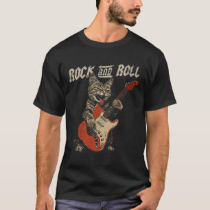 T-shirt Guitare Rock Et Roll Chat Vintage Rock Guitariste 