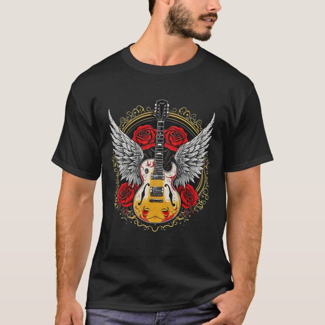 T-shirt Guitare Rock & Roll Avec Ailes Rose Circle Design (Devant)