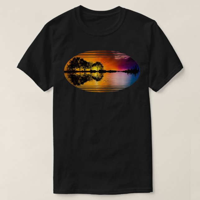 T-shirt Guitare Sunset Sky Trees City Lake Réflexion Speci (Design devant)
