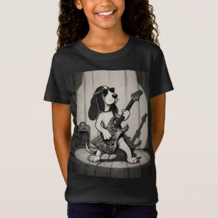 T-Shirt Guitariste Basset Hound Rétro Rockstar Monochrome