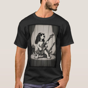 T-shirt Guitariste Basset Hound Rétro Rockstar Monochrome