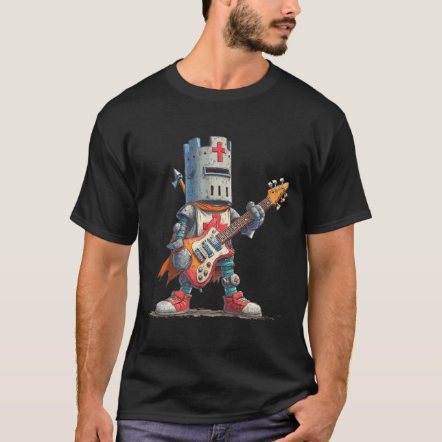 T-shirt Guitariste médiéval drôle avec armure et électriqu (Devant)