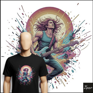 T-shirt Guitariste Rock Néon Faisant un Saut avec Éclabous