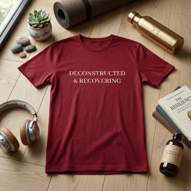 T-shirt Gym surdimensionné déconstruit et en reconstructio (Deconstructed & Recovering Oversized Gym Shirt | Maroon Minimalist Typography Tee | Recovery Apparel)